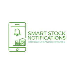 Logo for Smart Stock Notifications plugin showing a mobile phone with a notification bell, warehouse, and forklift in green