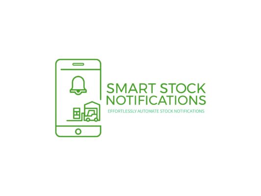 Logo for Smart Stock Notifications plugin showing a mobile phone with a notification bell, warehouse, and forklift in green