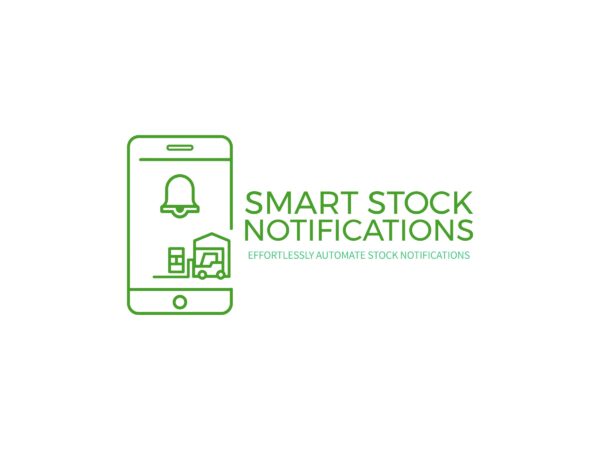 Logo for Smart Stock Notifications plugin showing a mobile phone with a notification bell, warehouse, and forklift in green