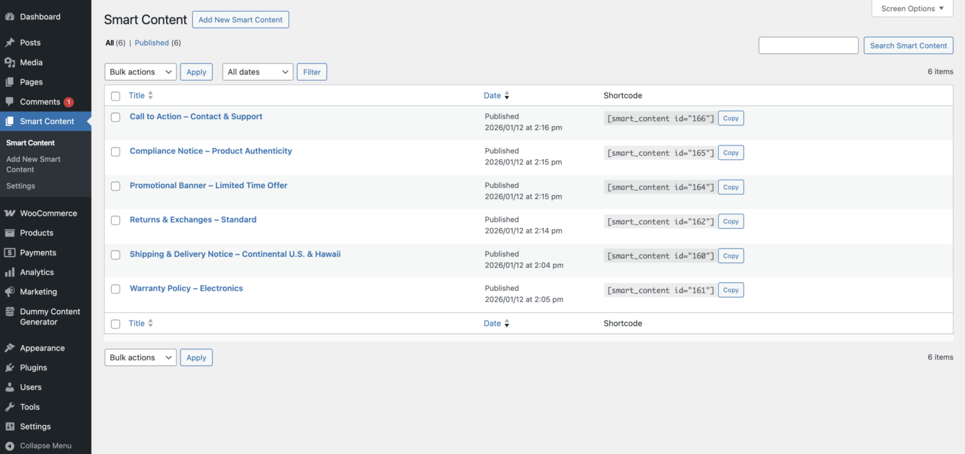 Smart Content Sync admin screen showing a list of Smart Content items with their shortcodes for reuse across WordPress.