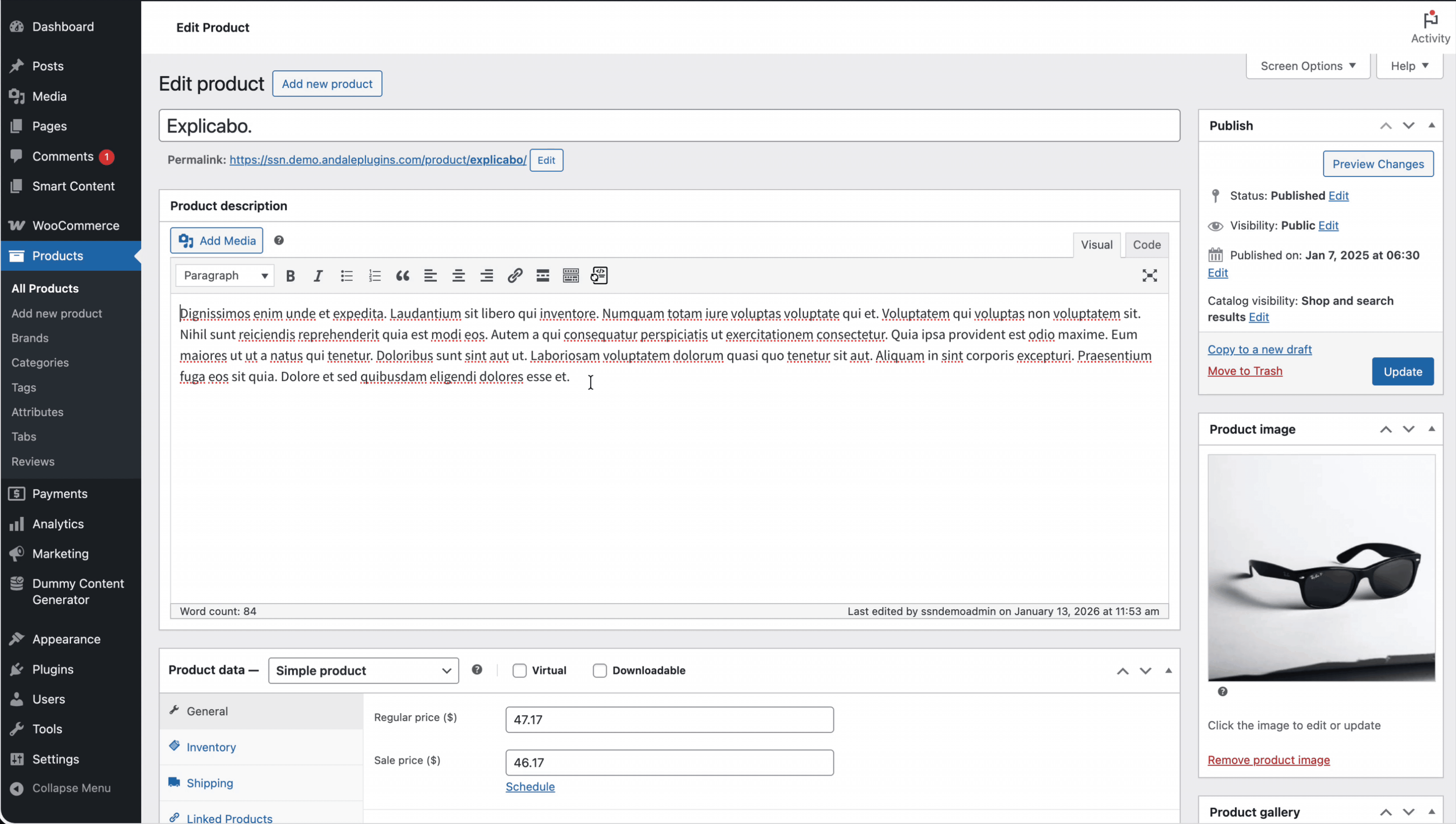 Inserting a Smart Content shortcode in the Classic Editor to display centralized shipping and delivery content on a WooCommerce product page.