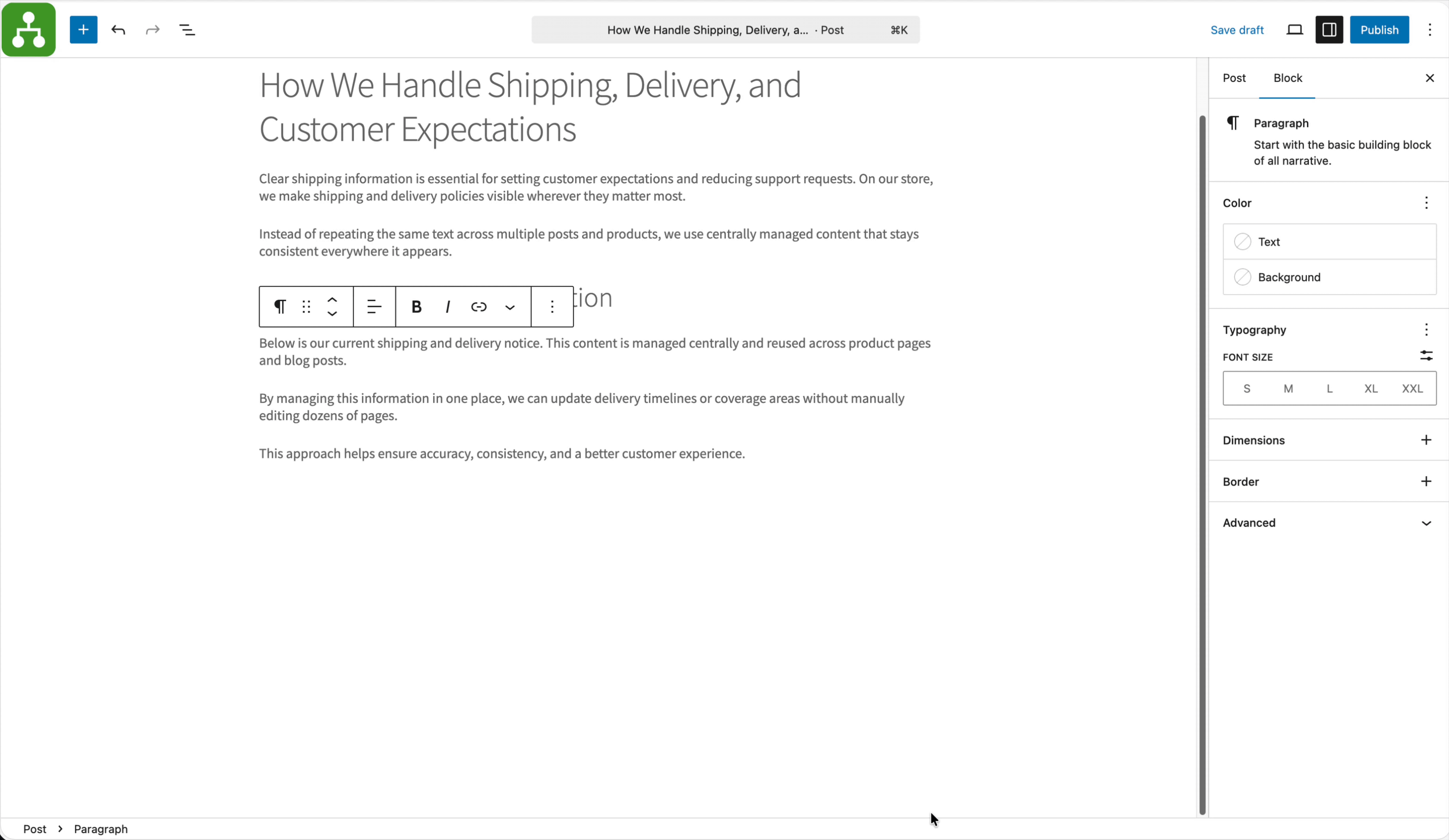 Inserting a Smart Content block in the Gutenberg editor to reuse centralized shipping and delivery content in a WordPress post.