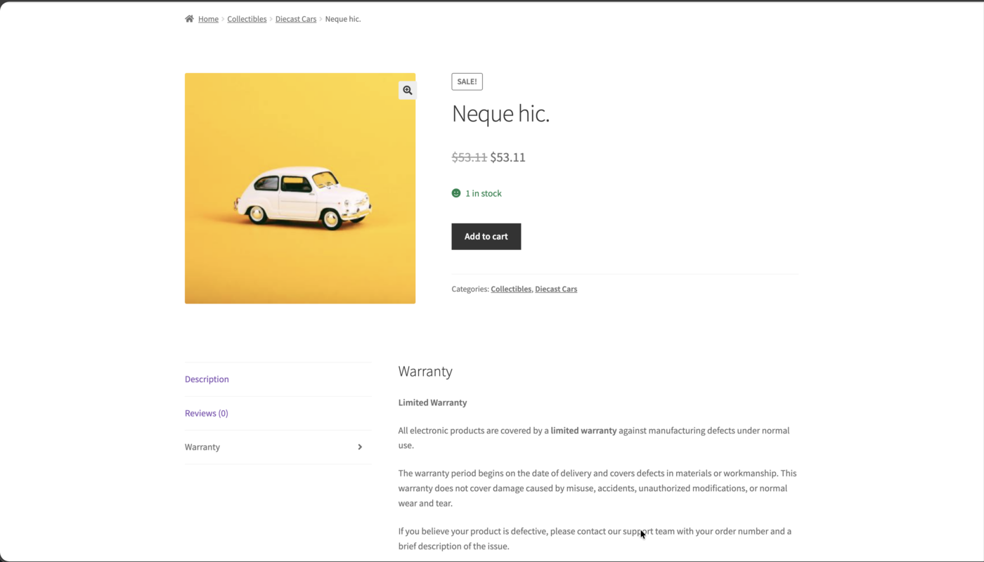 WooCommerce product tabs showing a Warranty tab populated with centrally managed warranty content using Smart Content Sync.