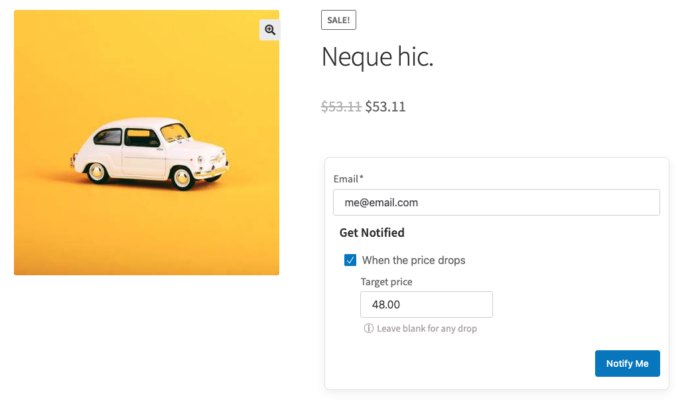 Price drop notification signup form on a WooCommerce product page